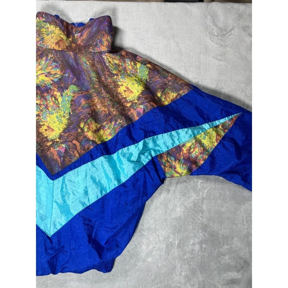 Vintage 90s Windbreaker Jacket Mens L Blue Colorblock Abstract Full Zip Nylon